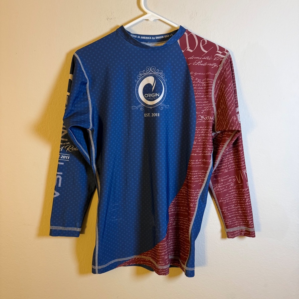 Origin USA Mens Rash Guard Large Blue Burgundy Patriotic BJJ MMA Long Sleeve